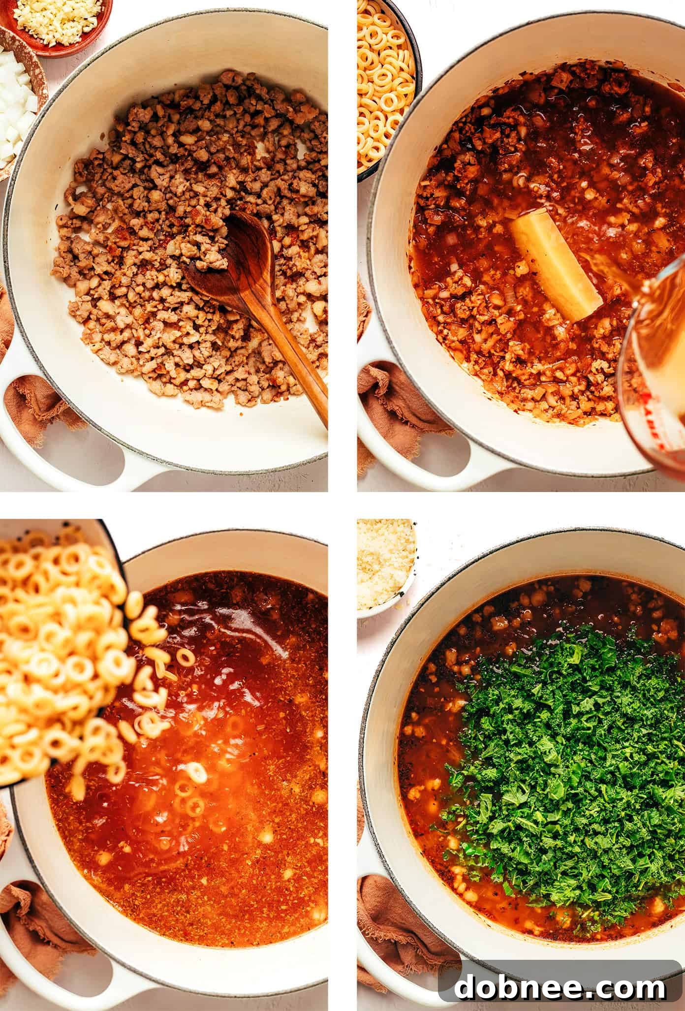 A spoonful of SpaghettiOs and Sausage Soup being lifted from a bowl, highlighting the texture of the pasta and kale.