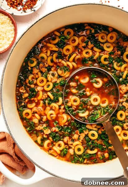 A vibrant image of the finished SpaghettiOs and Sausage Soup, ready to enjoy.