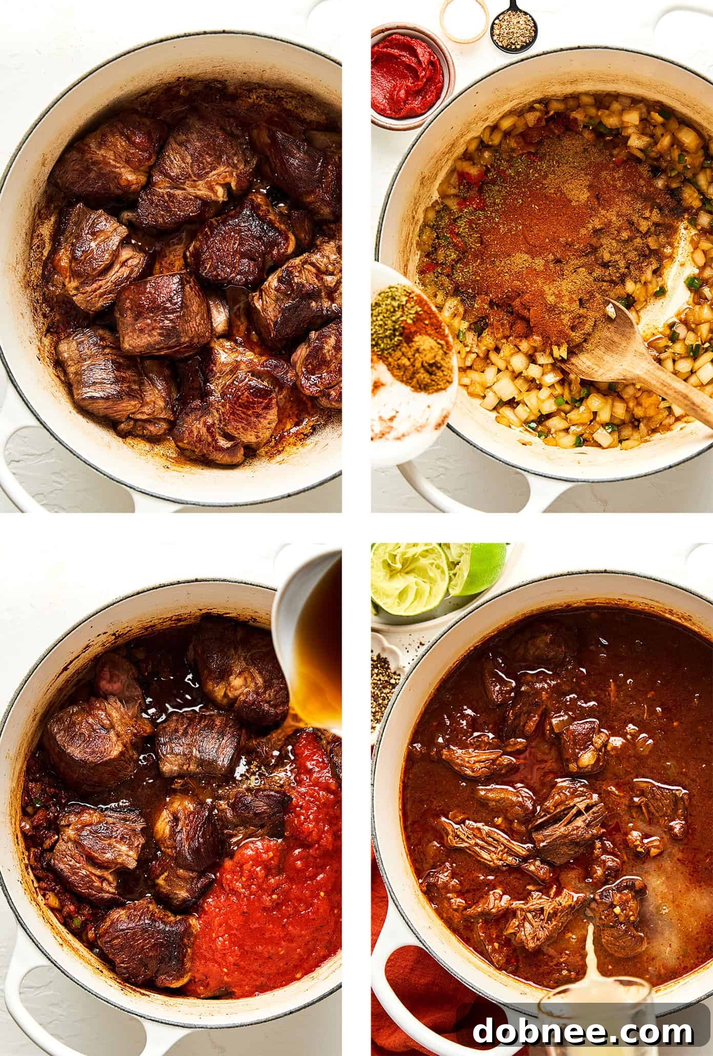 A close-up of the richly colored Texas Chili in a serving bowl, garnished.