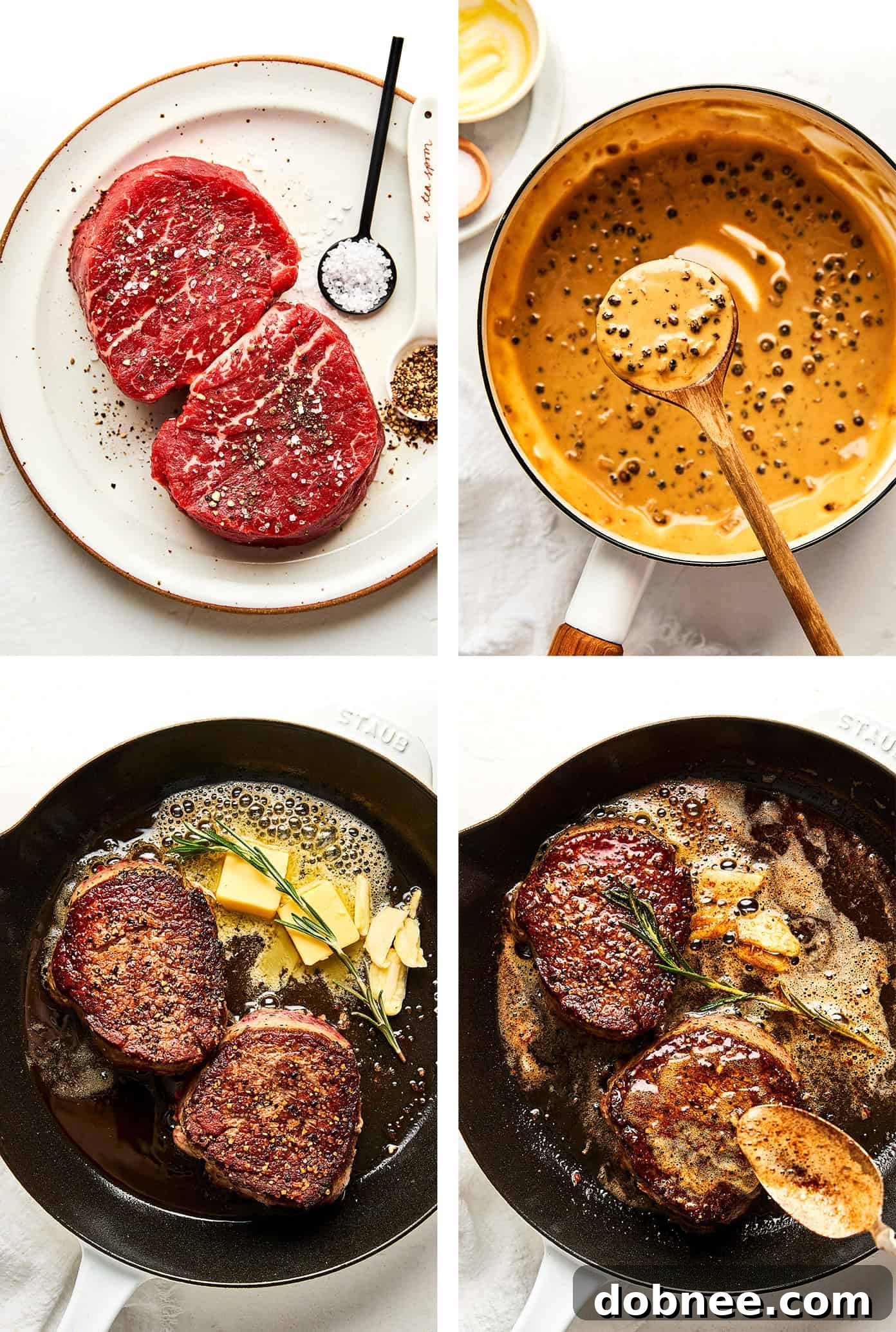 Step-by-step photos showing how to make pan-seared filet mignon with peppercorn sauce, from searing to saucing.