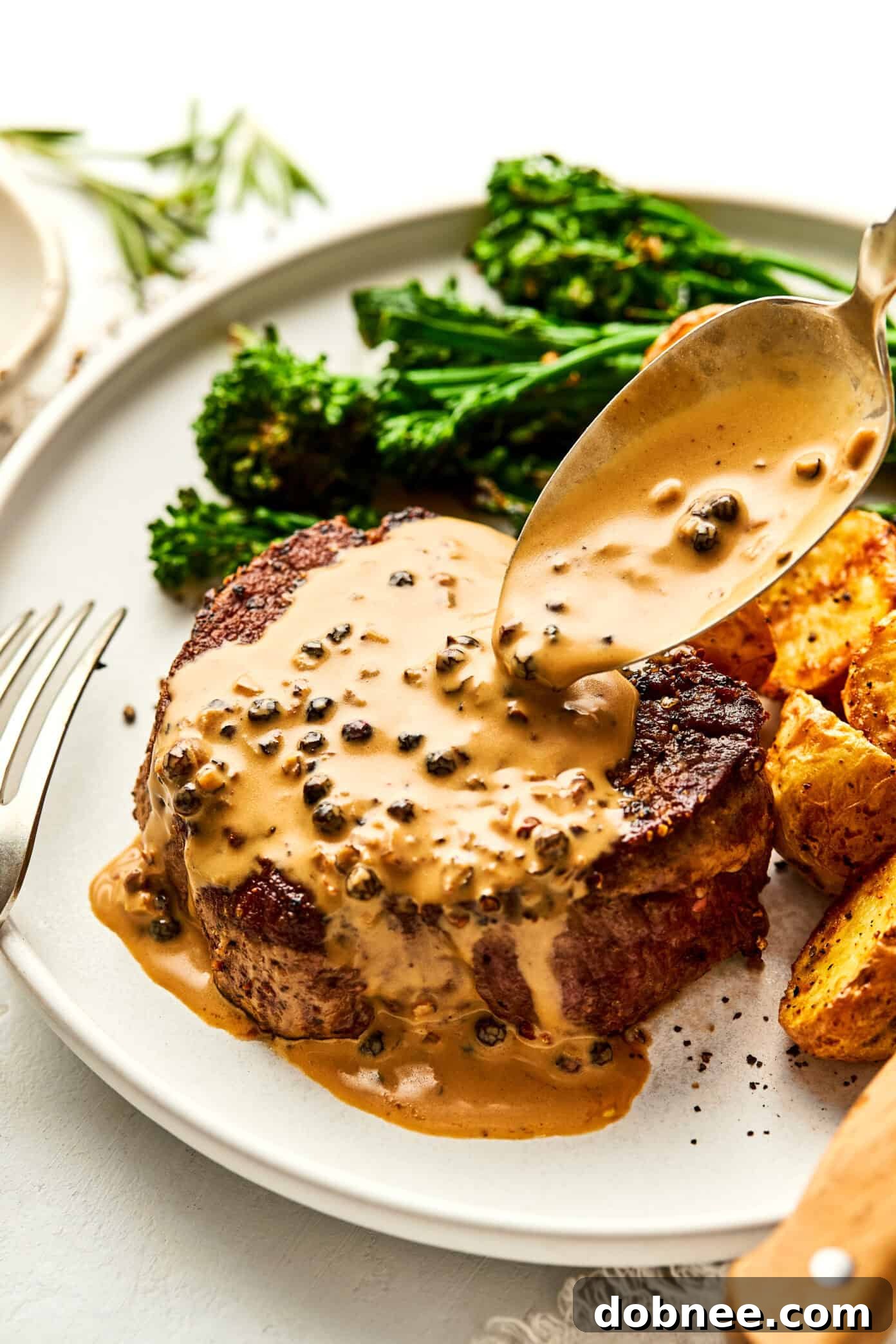 Seared Filet Mignon with Peppercorn Sauce on a plate, ready to be served.