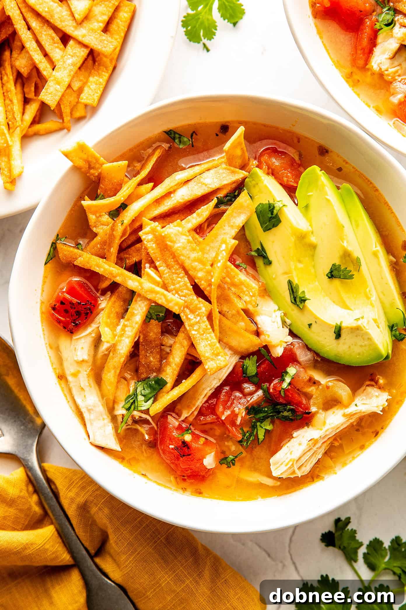 A vibrant and inviting bowl of Sopa de Lima, garnished with crispy tortilla strips and fresh lime wedges, showcasing its appetizing appearance.
