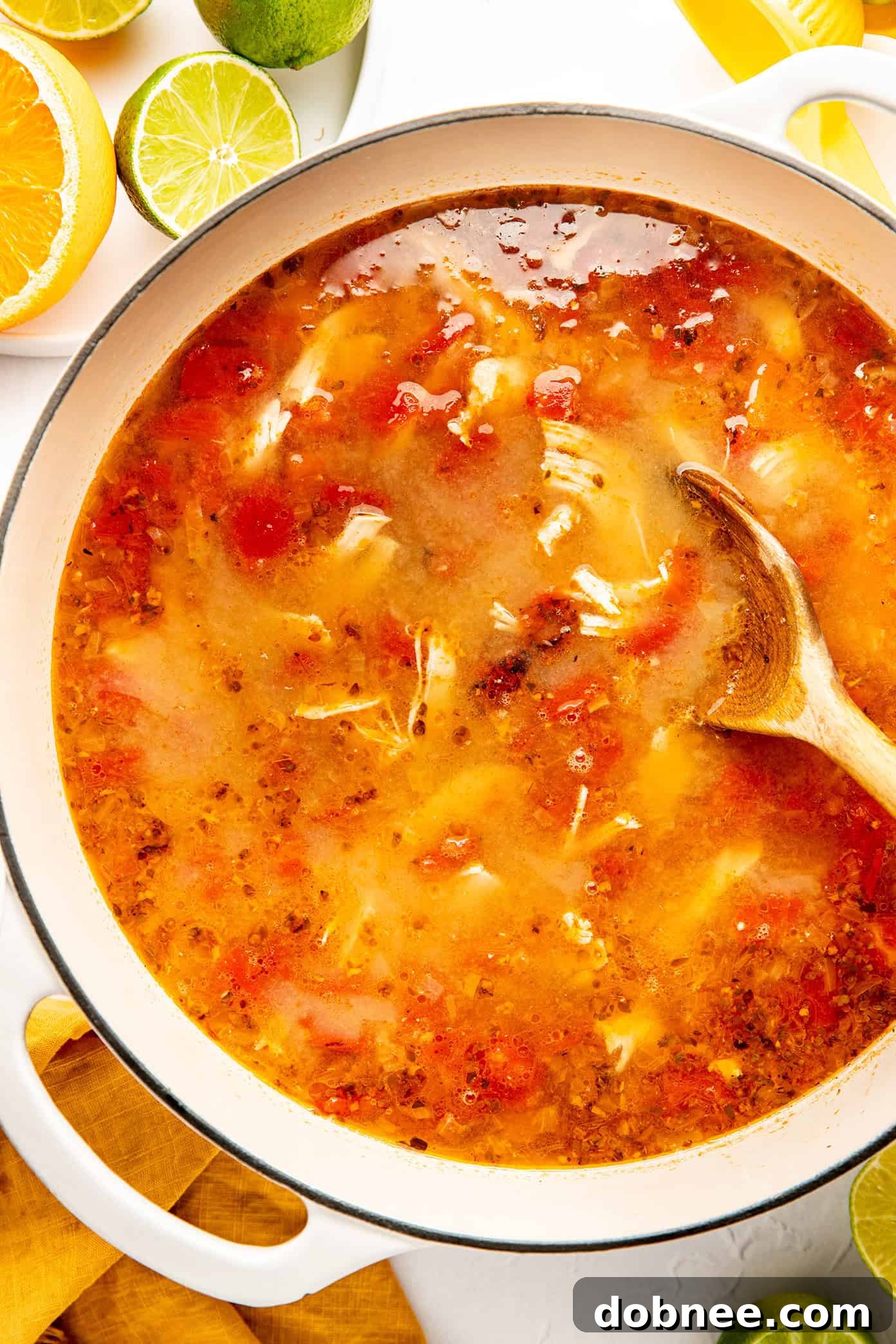 A beautifully presented bowl of Sopa de Lima, garnished artistically with toppings, ready to be served.