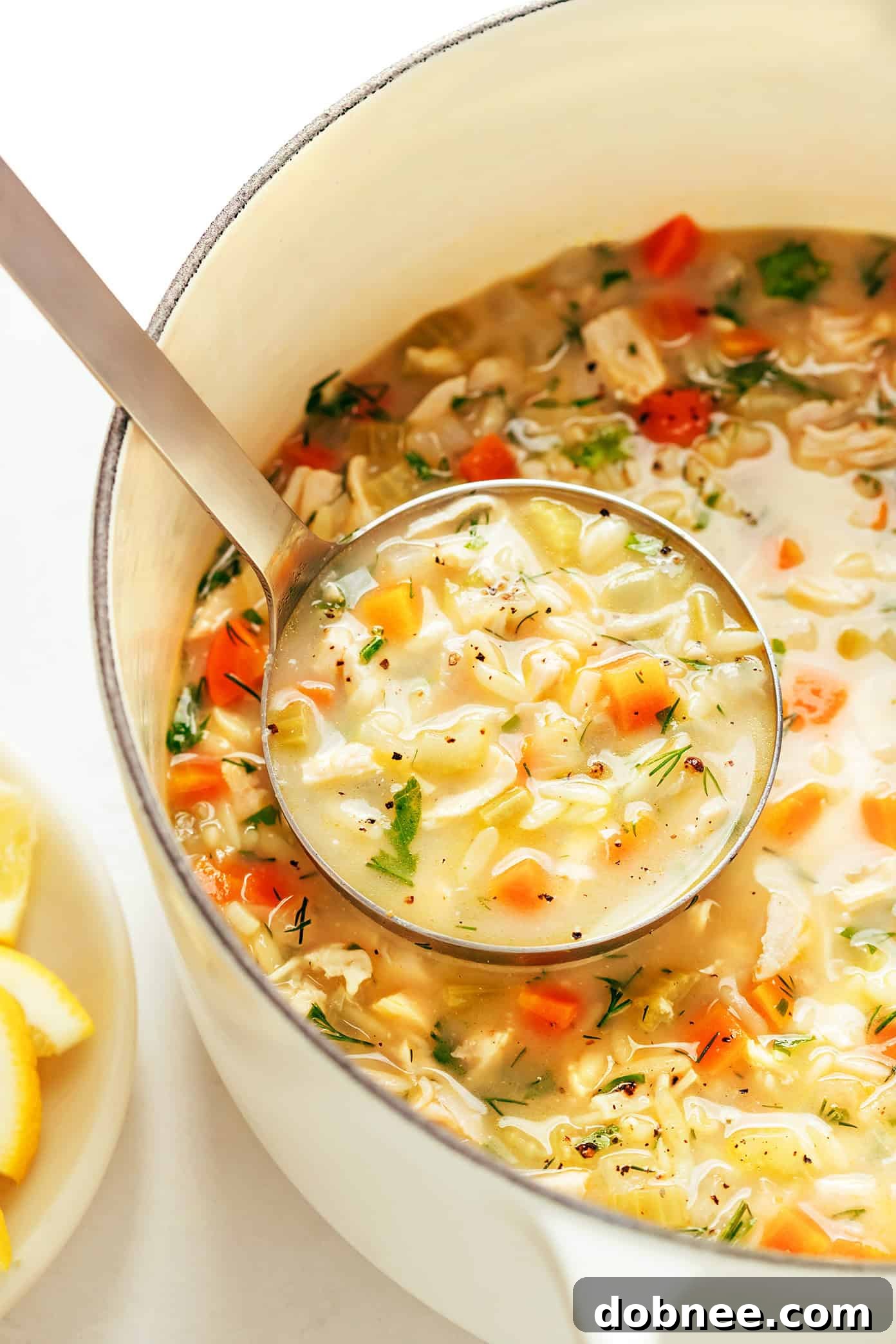 A comforting bowl of lemony orzo chicken soup, garnished with fresh herbs, perfect for a cozy meal.