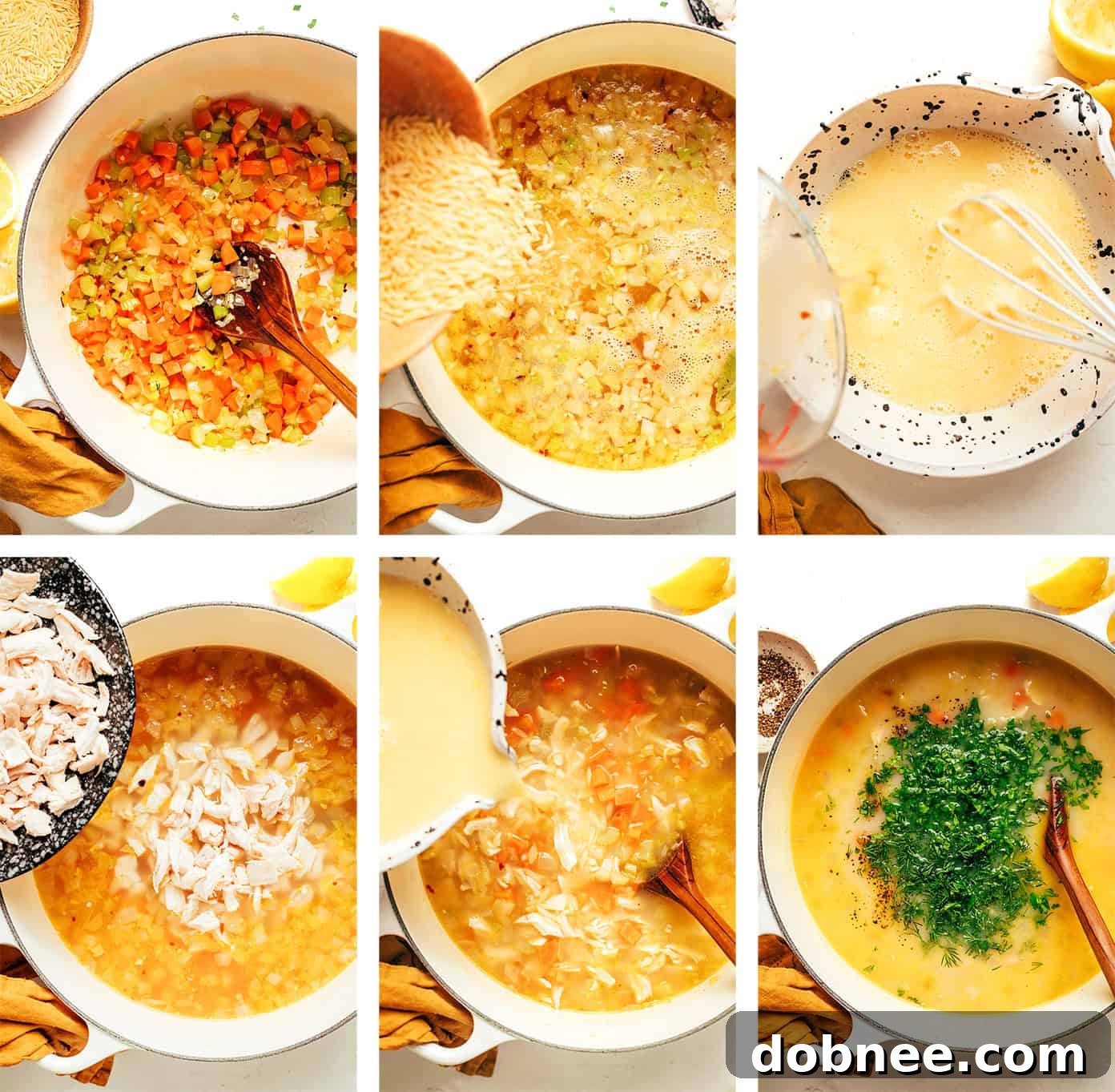 A top-down view of Lemony Orzo Chicken Soup in a white bowl, garnished with green herbs, on a light wooden surface.