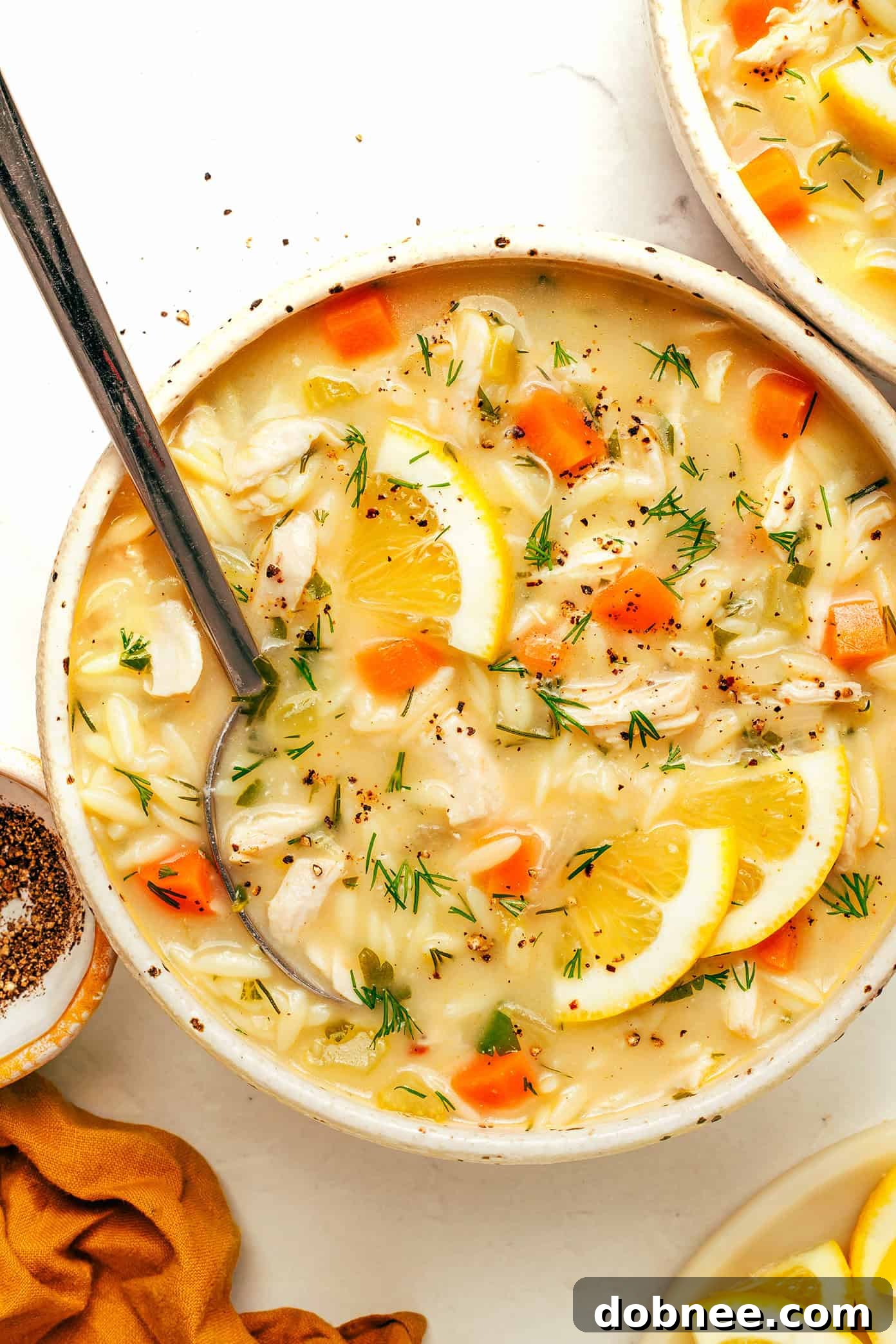 A close-up of a ladle dipping into a pot of Lemony Orzo Chicken Soup, highlighting the creamy texture and the hearty ingredients.