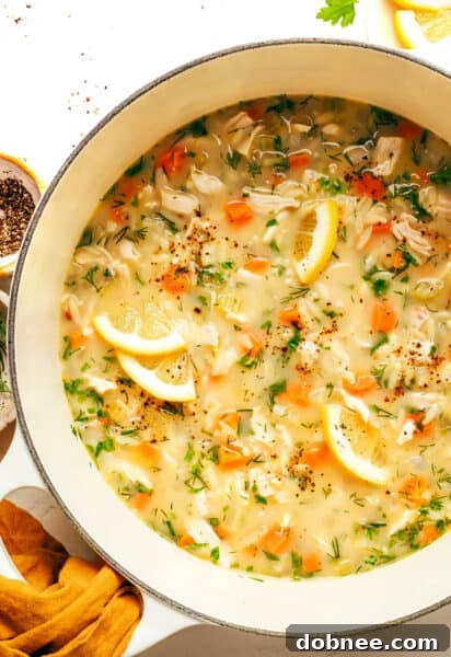 A large pot of Lemony Orzo Chicken Soup simmering on the stove, ready to be served.