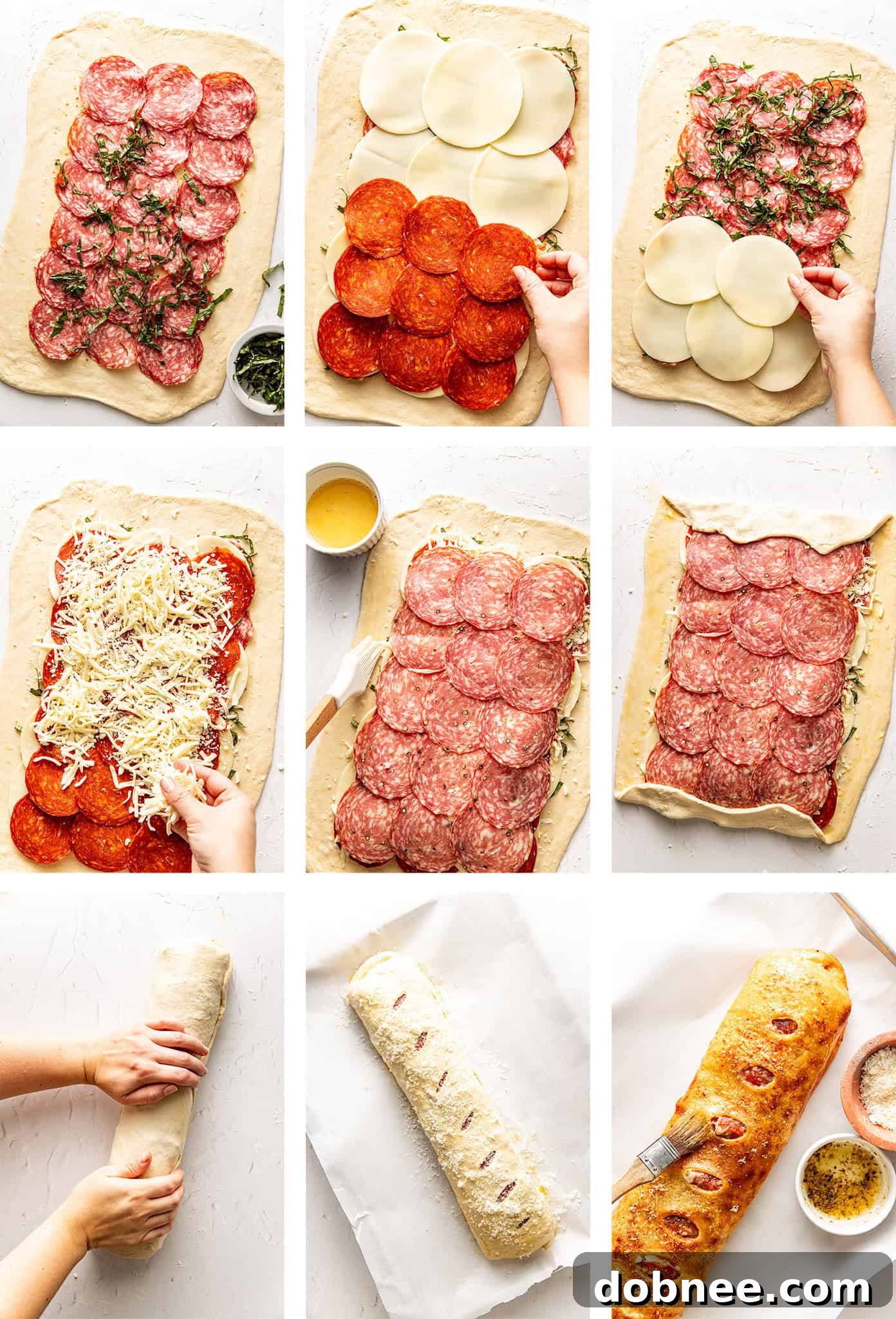 Visual guide showing the steps to assemble Stromboli, from rolling dough to adding fillings