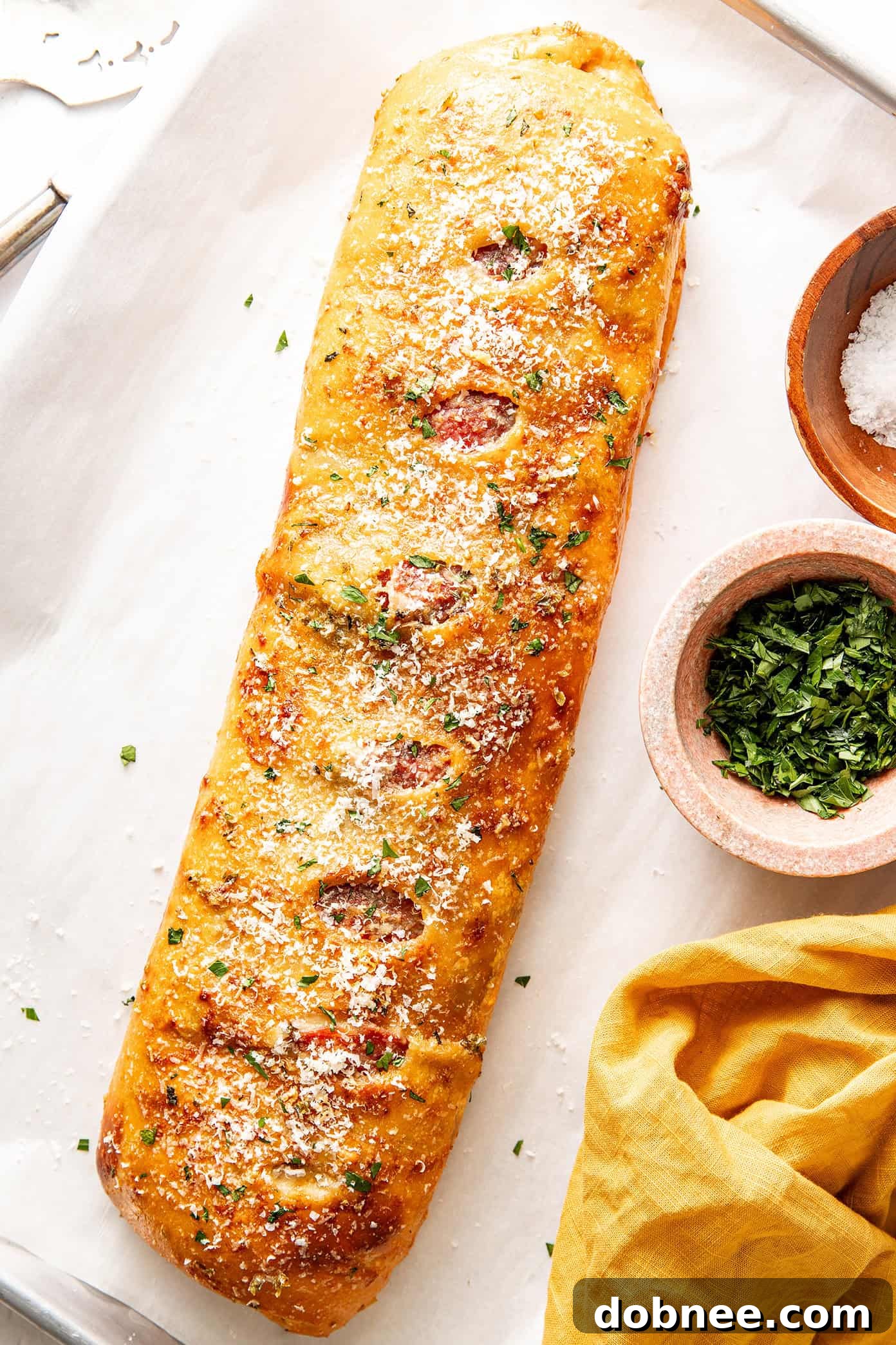 A freshly baked Stromboli, beautifully golden and sprinkled with grated Parmesan cheese