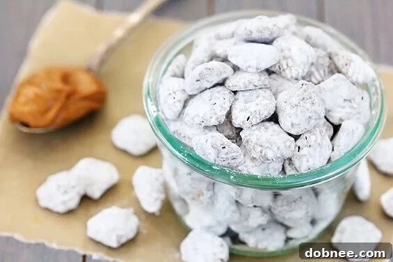Biscoff Puppy Chow, a delightful no-bake dessert featuring Chex cereal coated in Biscoff spread and chocolate, then dusted with powdered sugar.