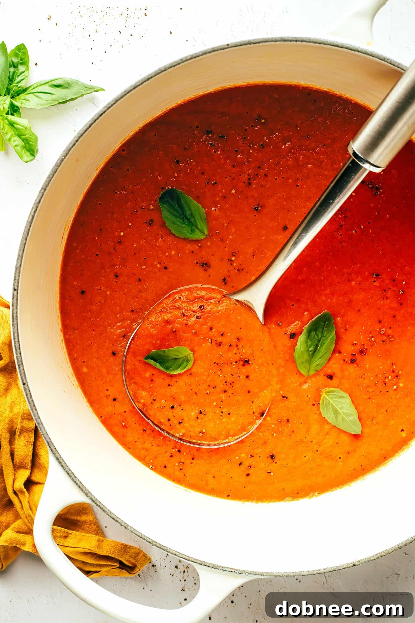 Roasted Tomato Soup with Fresh Basil Garnish