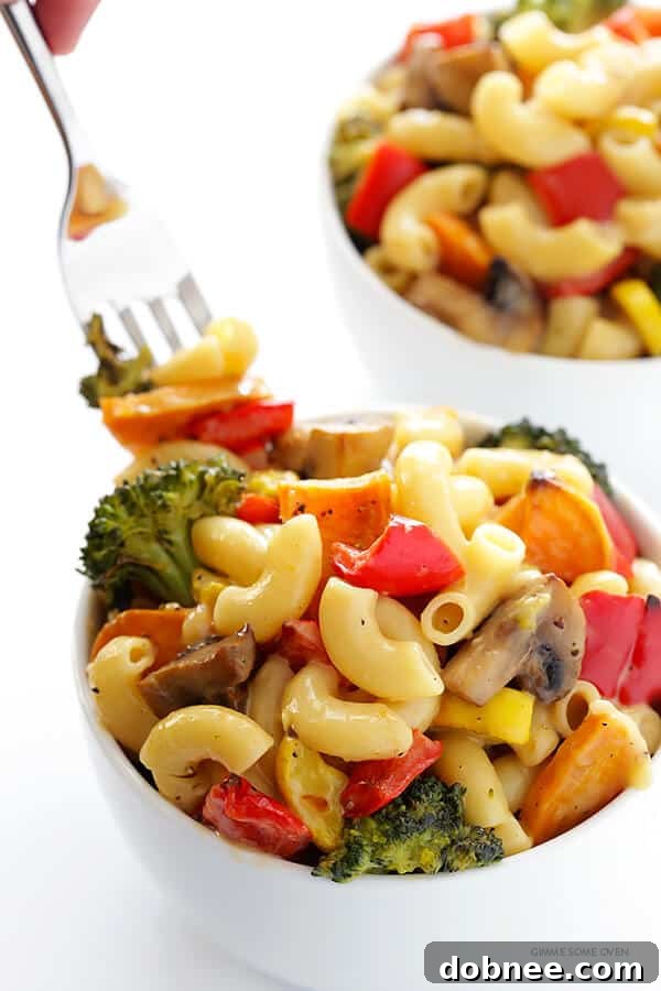 Roasted Vegetable Macaroni and Cheese, a colorful and healthy comfort meal.