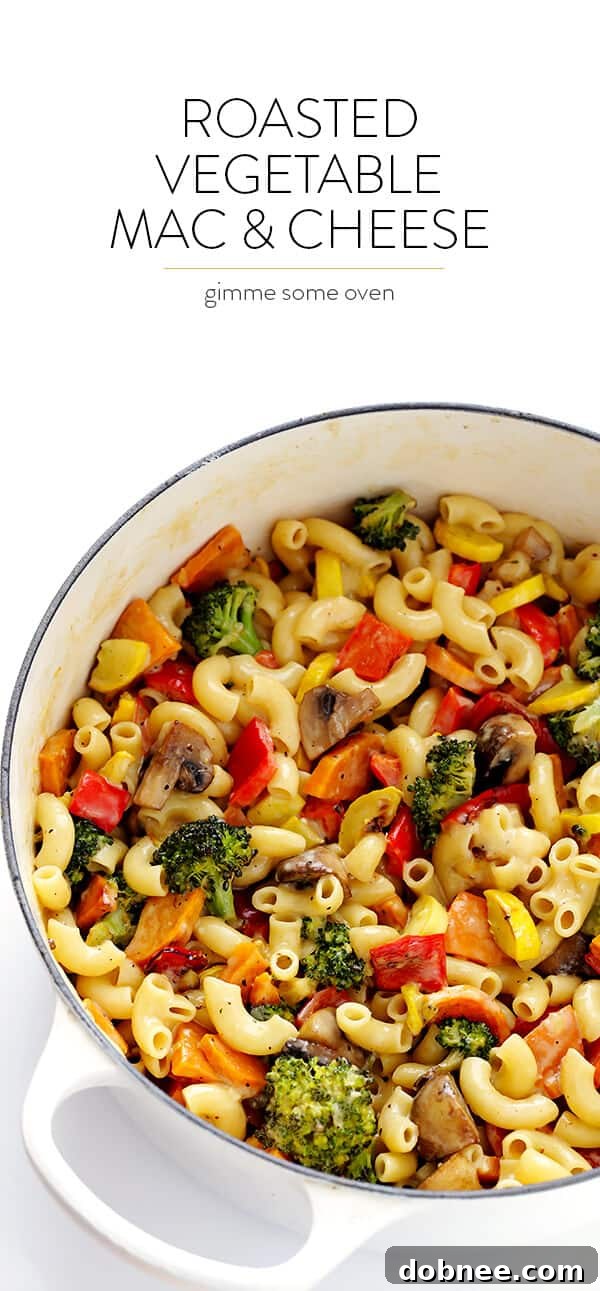 A close-up of Roasted Vegetable Mac and Cheese, showcasing its rich texture and colorful vegetables.