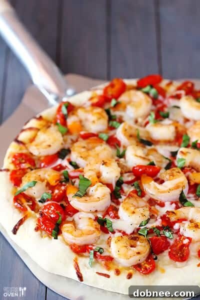 Close-up of freshly baked Shrimp Fra Diavolo Pizza