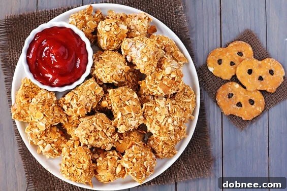 Crispy Pretzel-Crusted Chicken Nuggets on a baking sheet, ready to be served with a delicious dipping sauce.
