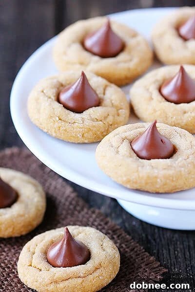 Close-up of freshly baked Biscoff Blossoms, showcasing the delicate crackled tops and melting Hershey's Kisses.