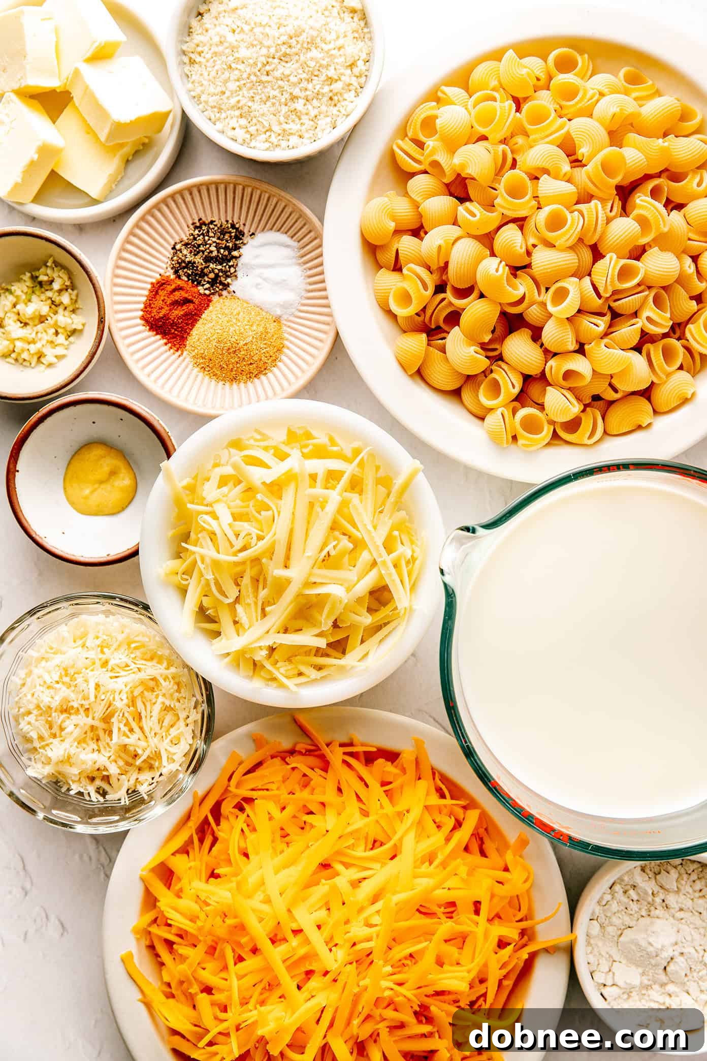 A close-up shot of the creamy mac and cheese before baking.