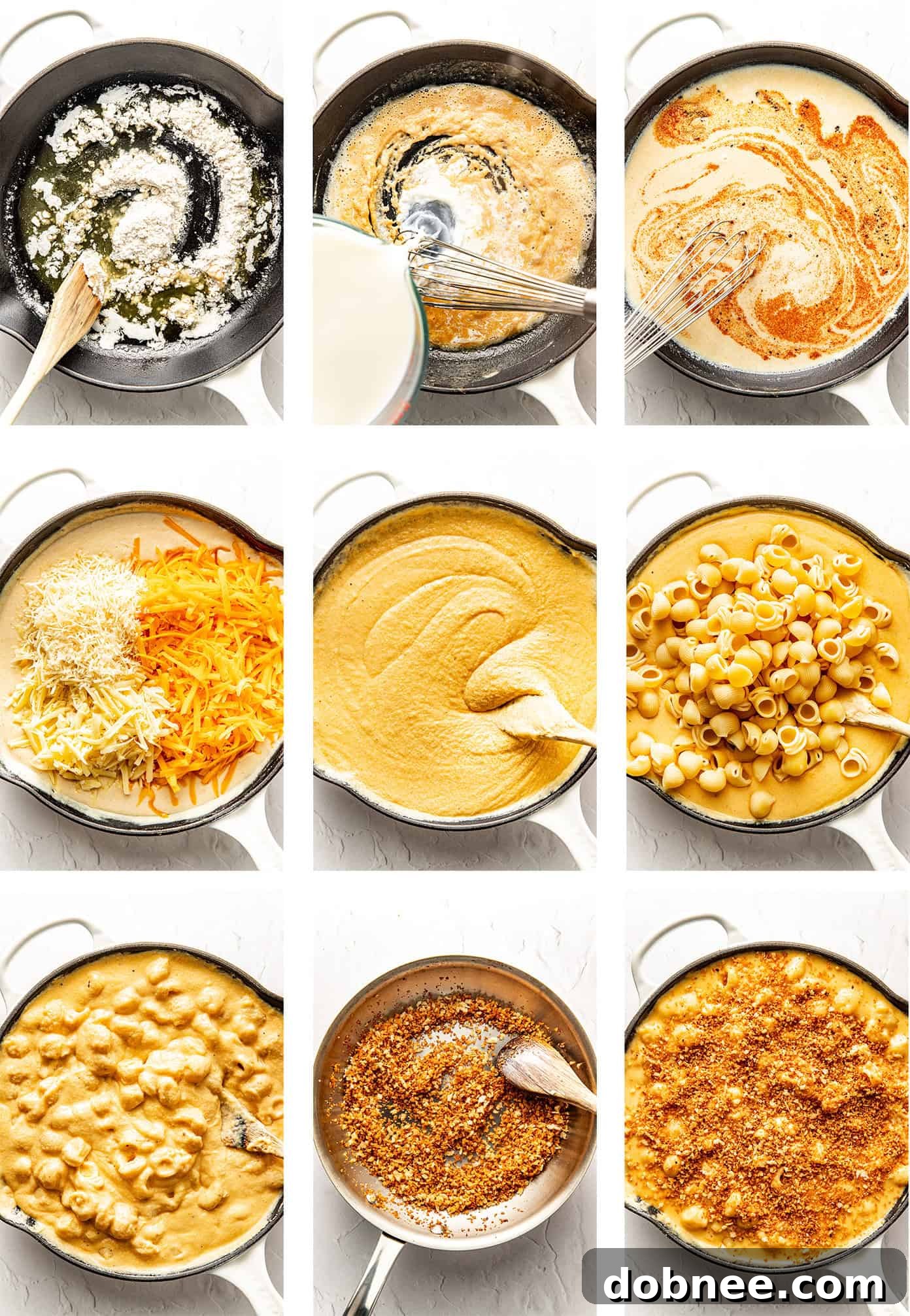 A serving of baked mac and cheese with a fork.