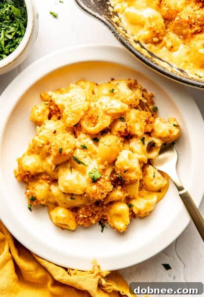 The star of the show: Baked Mac and Cheese in a cast iron skillet.