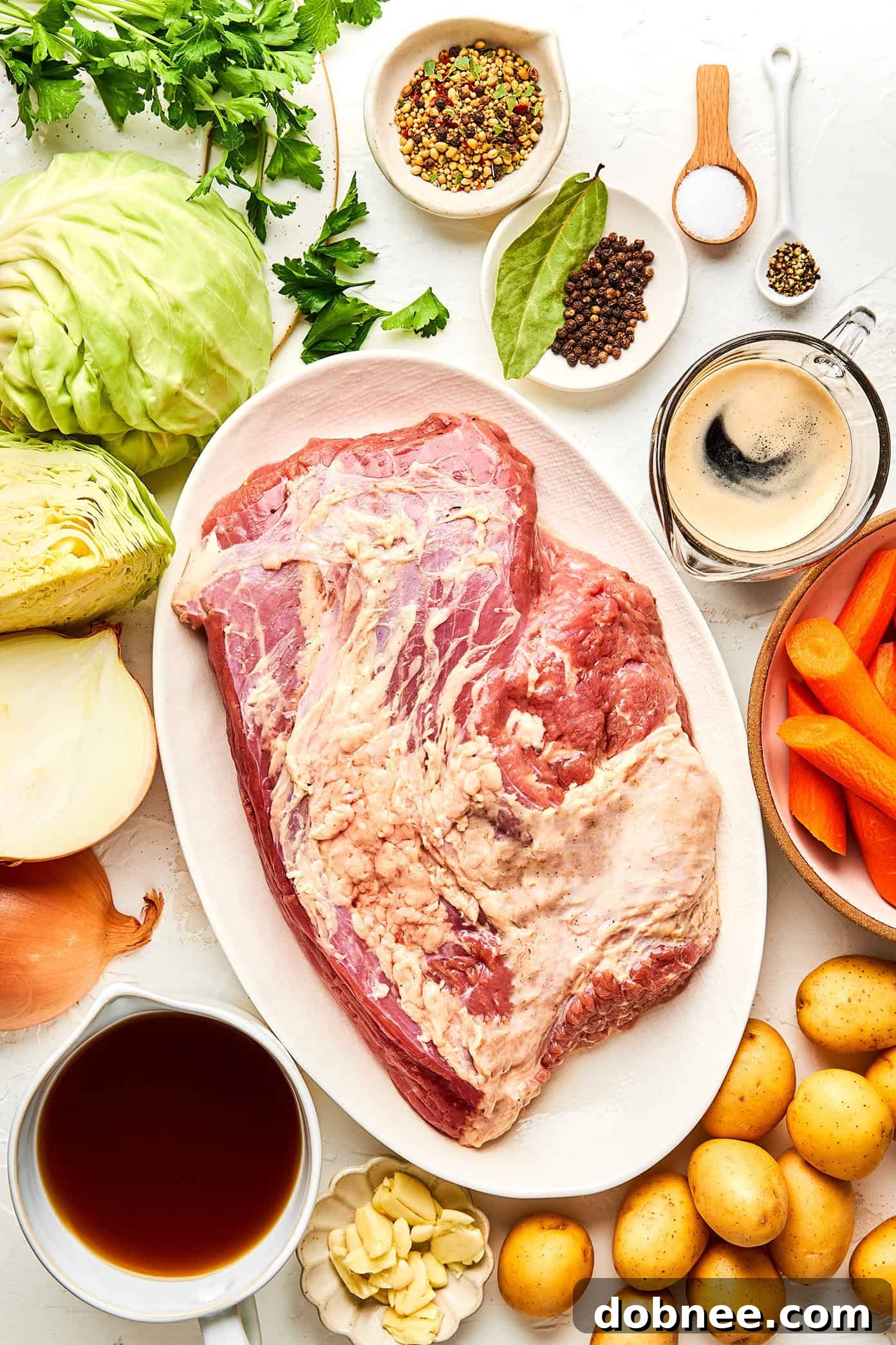 Fresh ingredients for making corned beef and cabbage