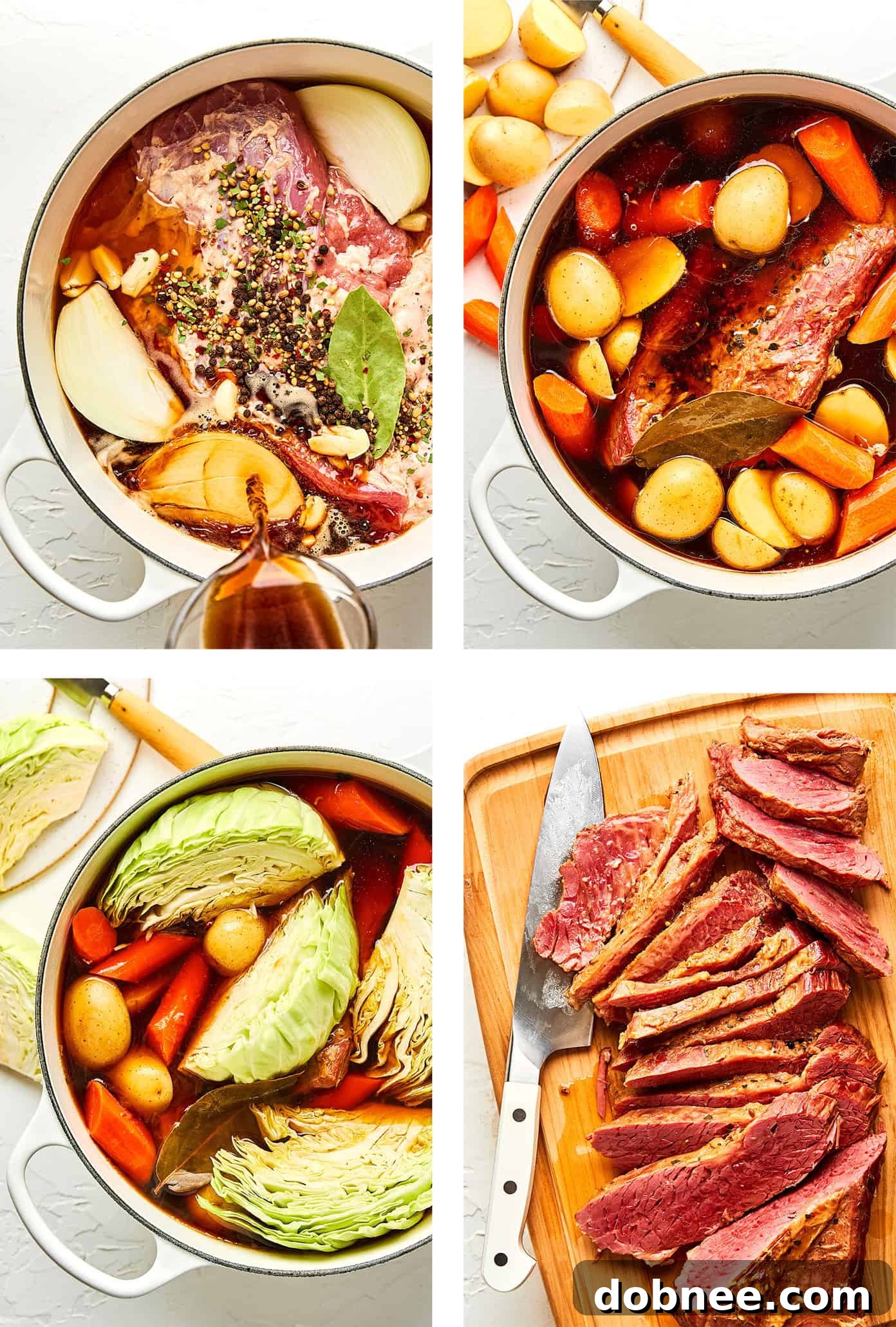 Step-by-step process of cooking corned beef and cabbage.