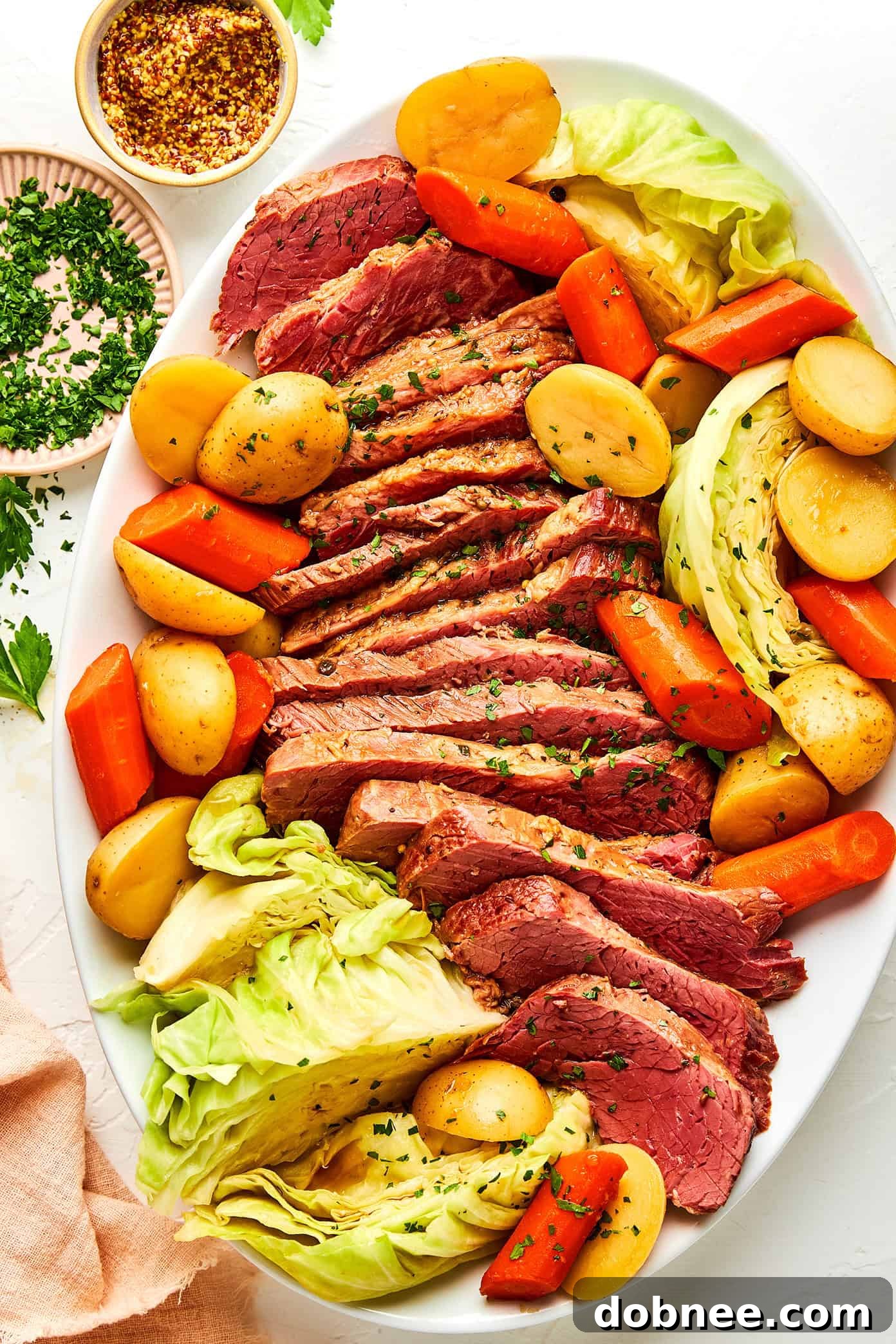 Platter of hearty corned beef and cabbage with root vegetables.