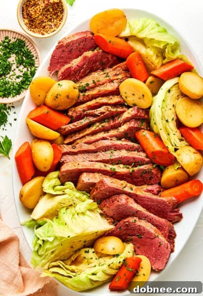 Hearty Corned Beef and Cabbage on a platter
