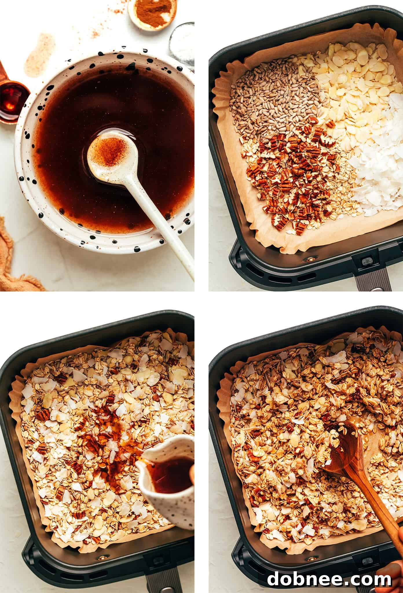 Air fryer granola cooling on parchment paper in an air fryer basket after cooking.