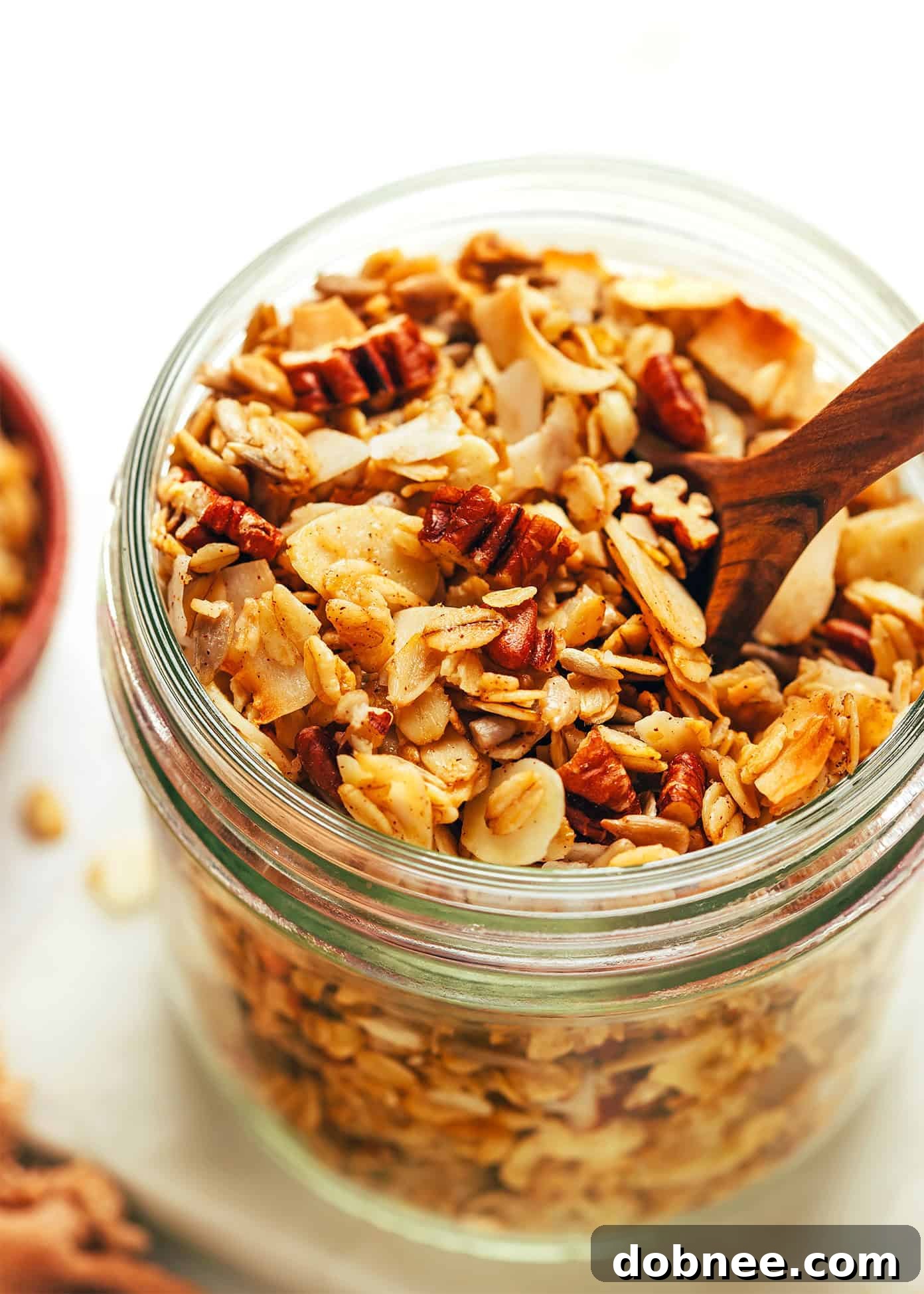 A close-up shot of crispy air fryer granola in a white bowl, ready for serving.