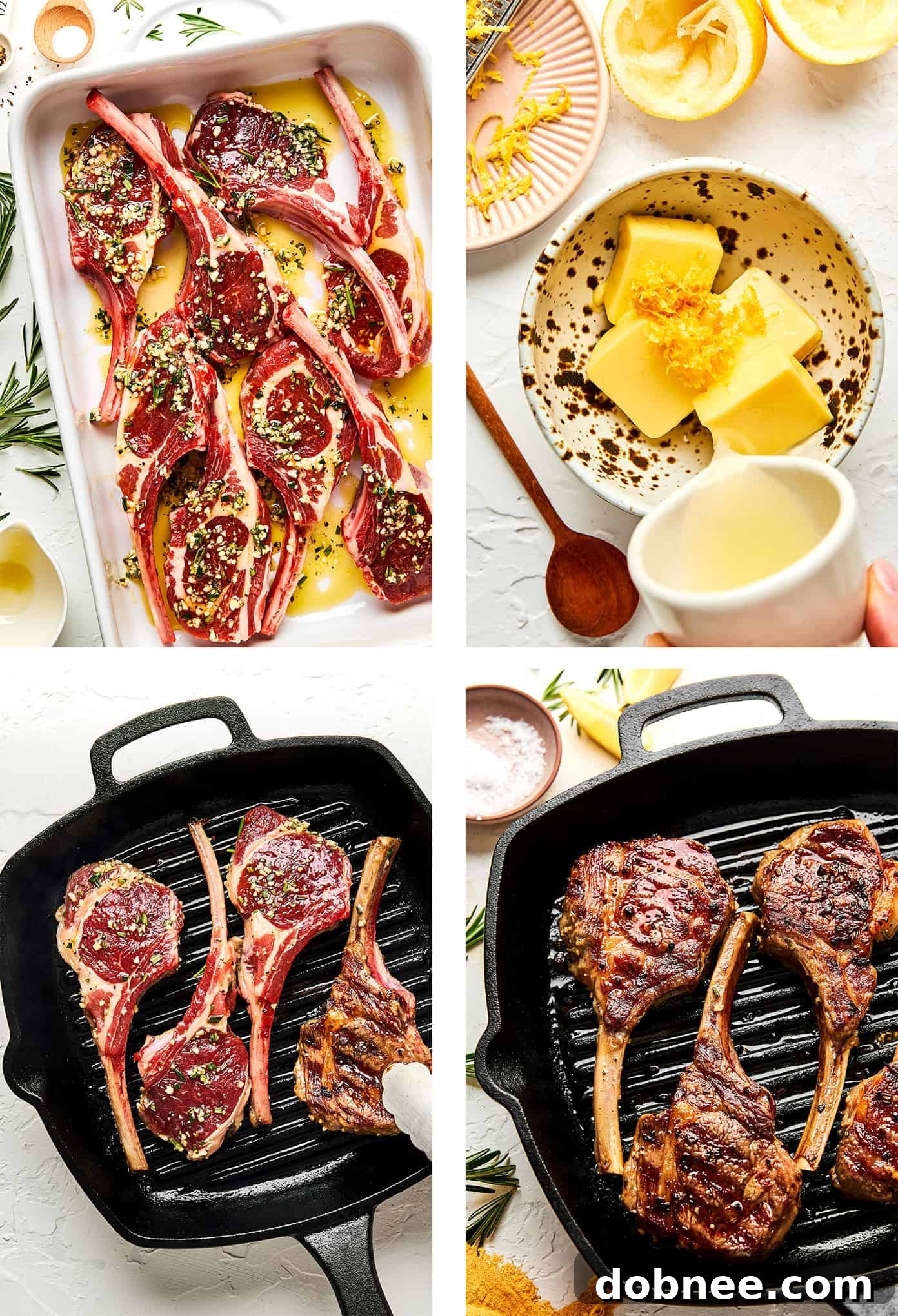 A plate of grilled lamb chops garnished with lemon wedges and fresh rosemary