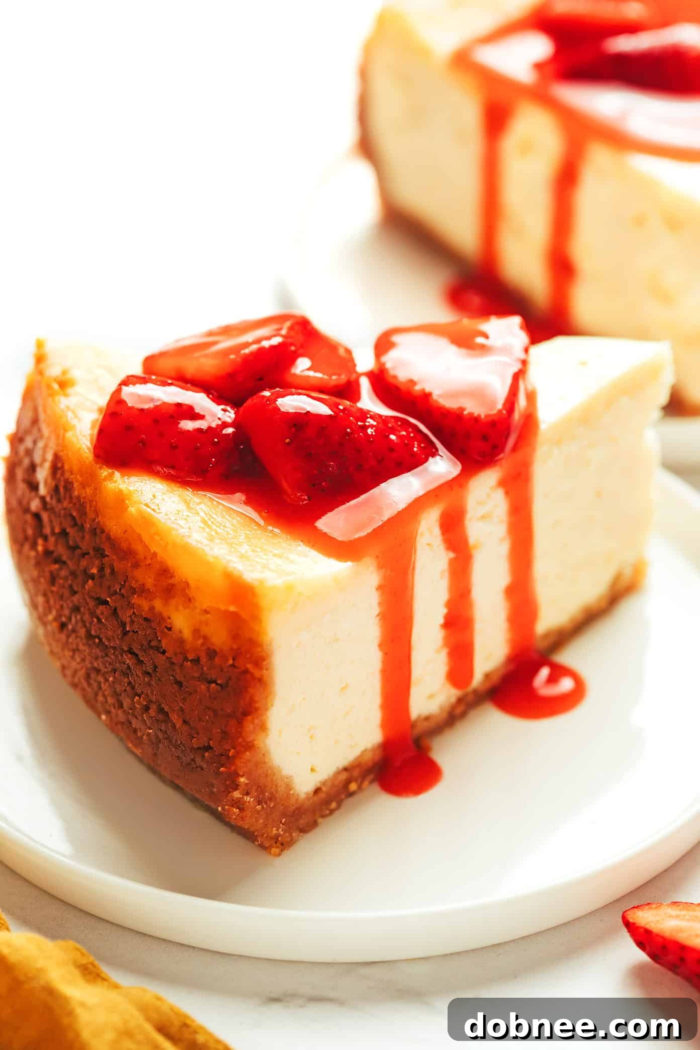 Vibrant, glossy homemade strawberry sauce in a clear bowl, perfect for various desserts.