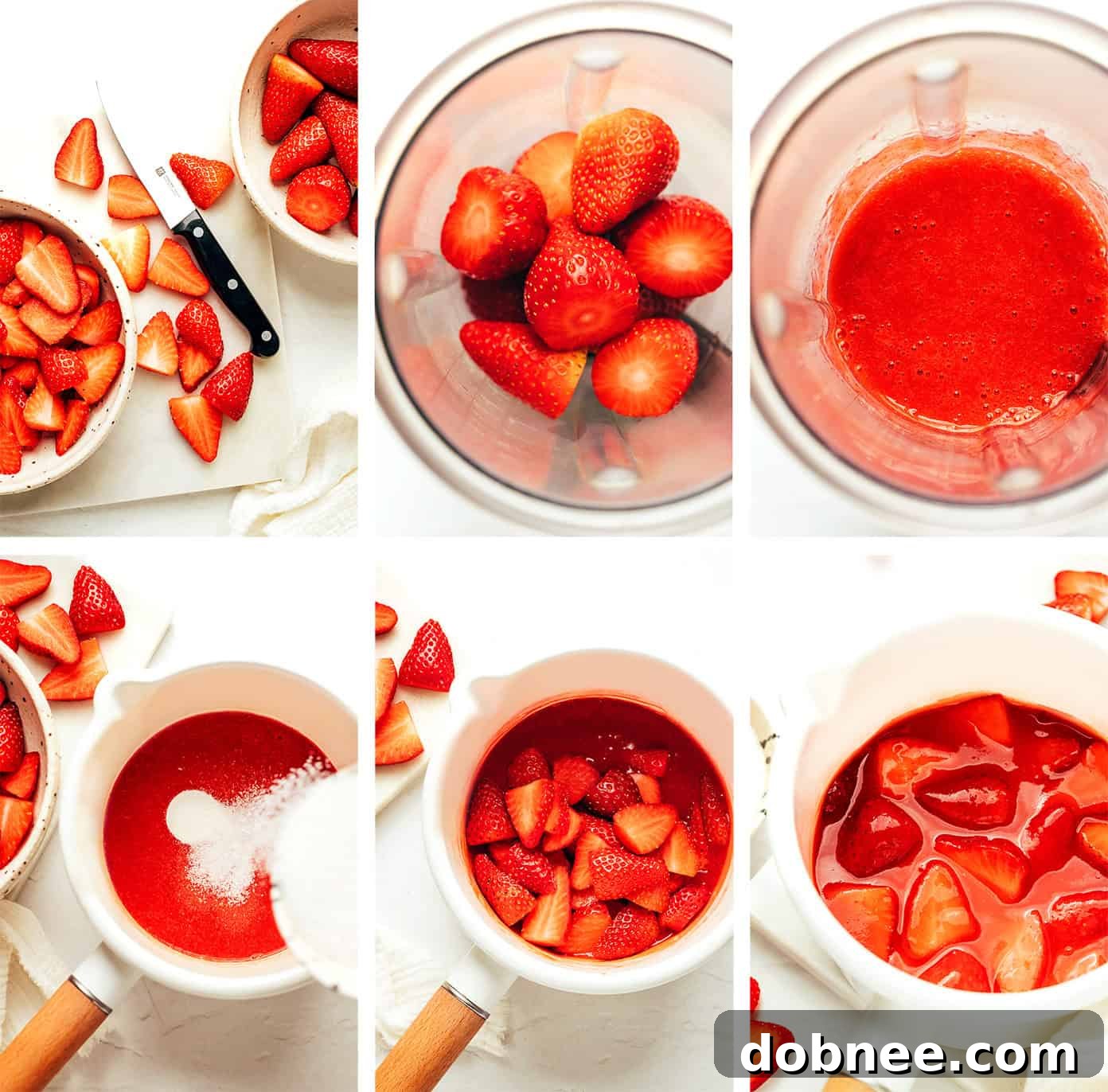 Strawberry sauce simmering gently in a saucepan.