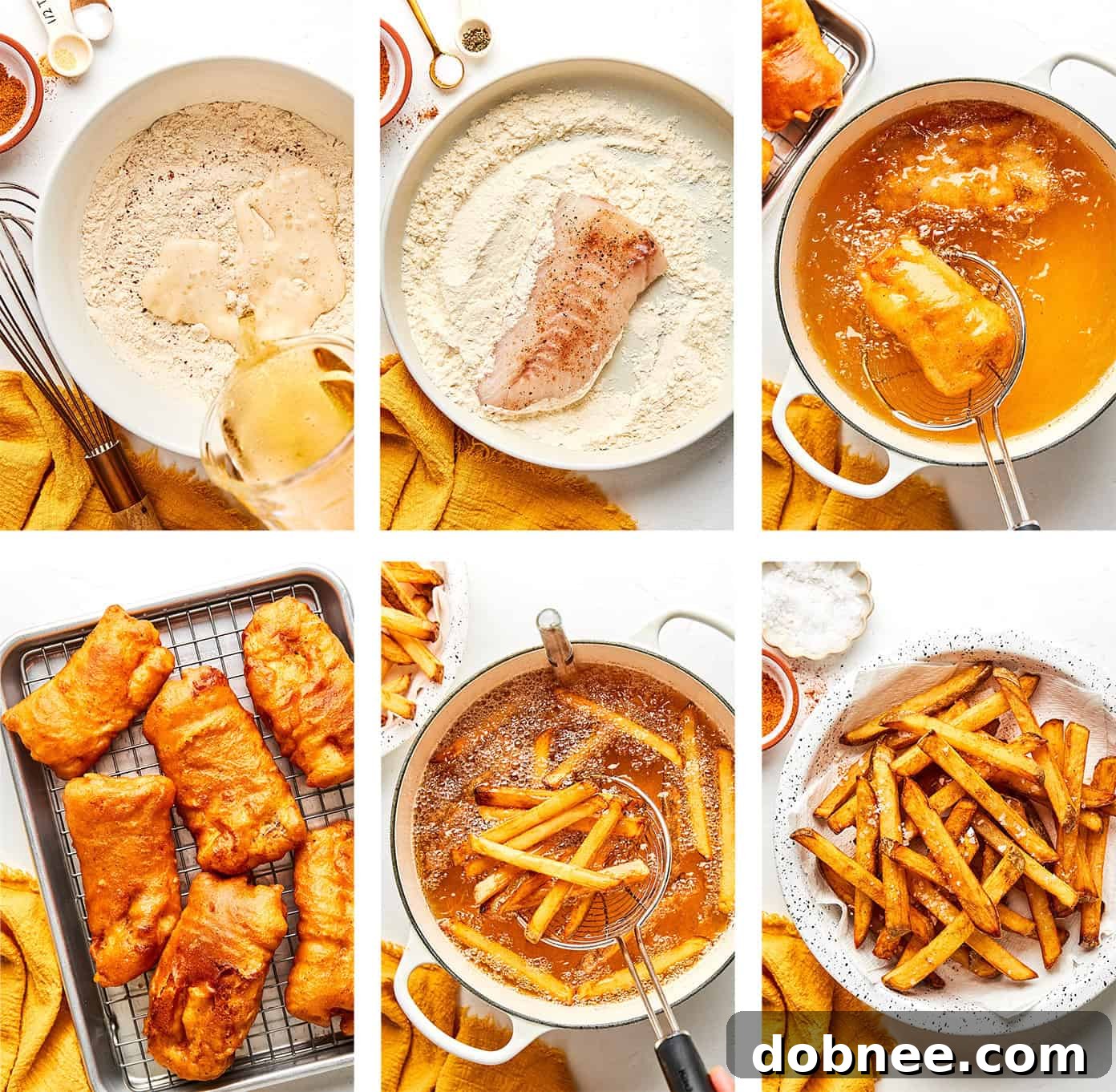 Various side dishes and garnishes for fish and chips