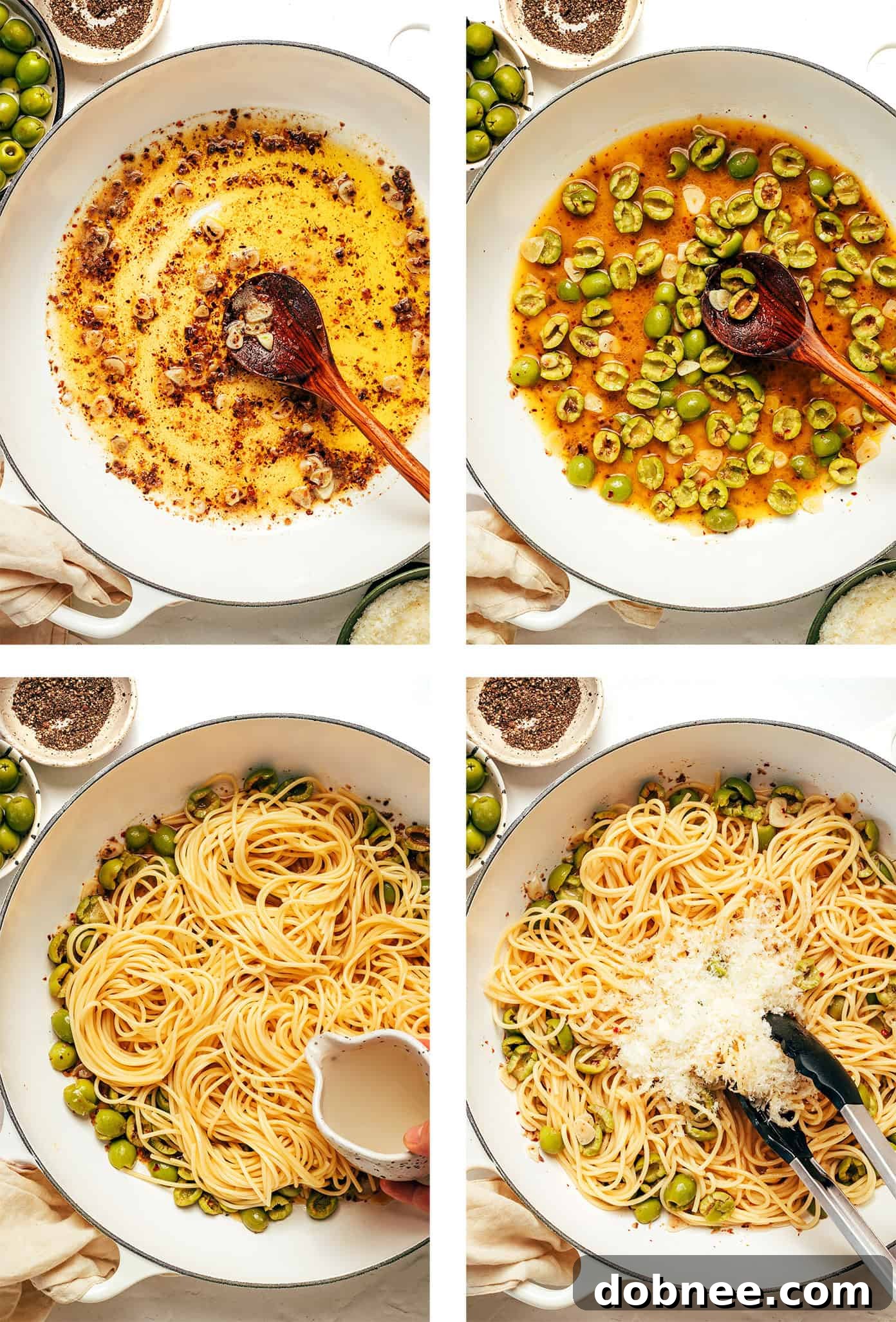 A skillet showing the process of building the dirty martini pasta sauce with garlic and anchovies.