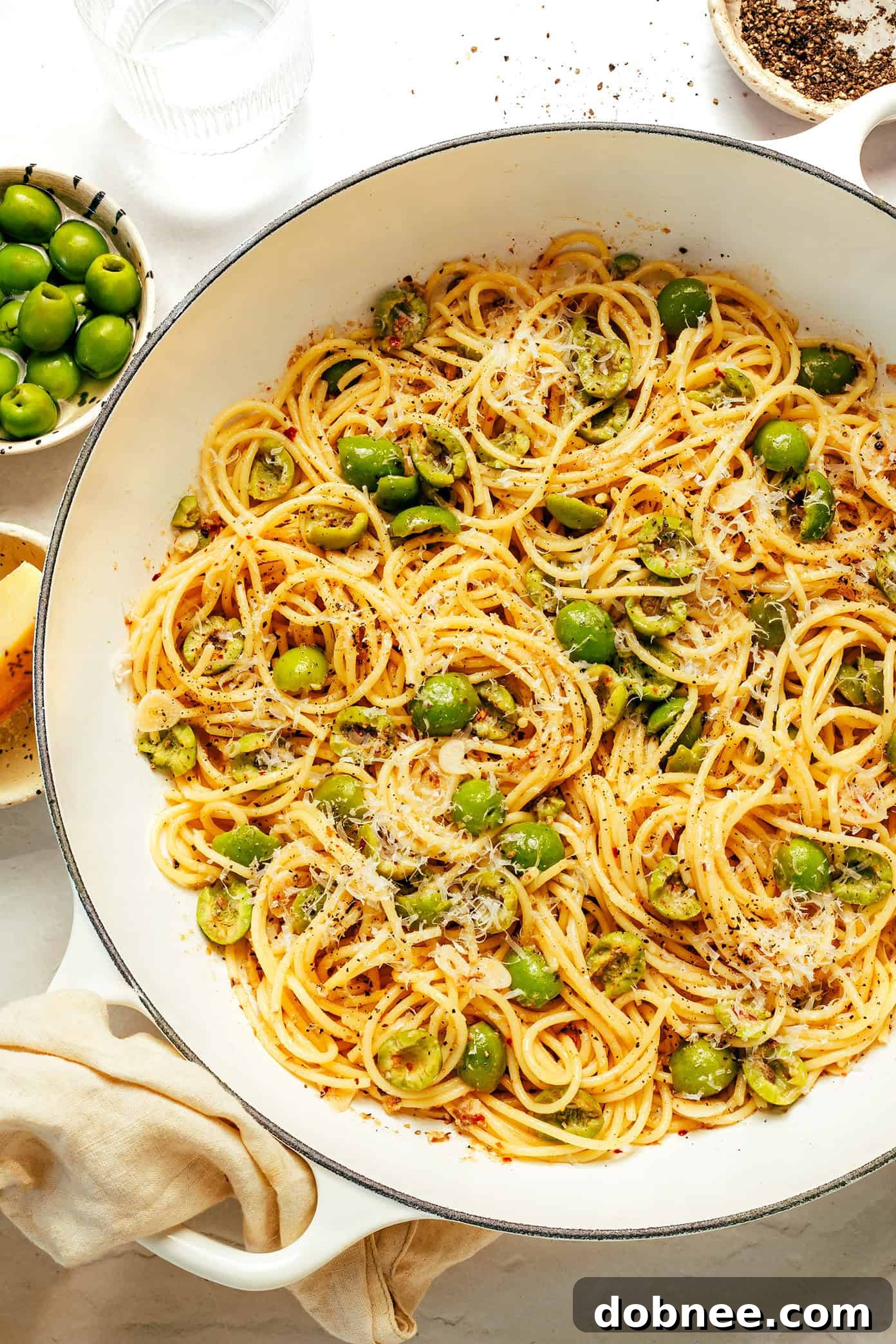 A final, elegant serving of Dirty Martini Pasta ready to be eaten.