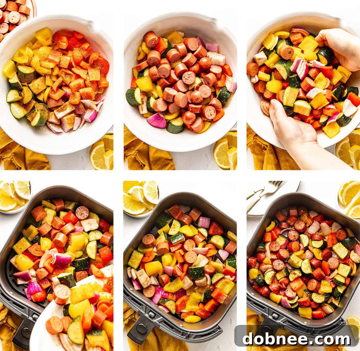 A top-down view of the colorful sausage and vegetable mixture being tossed in a bowl with seasoning.